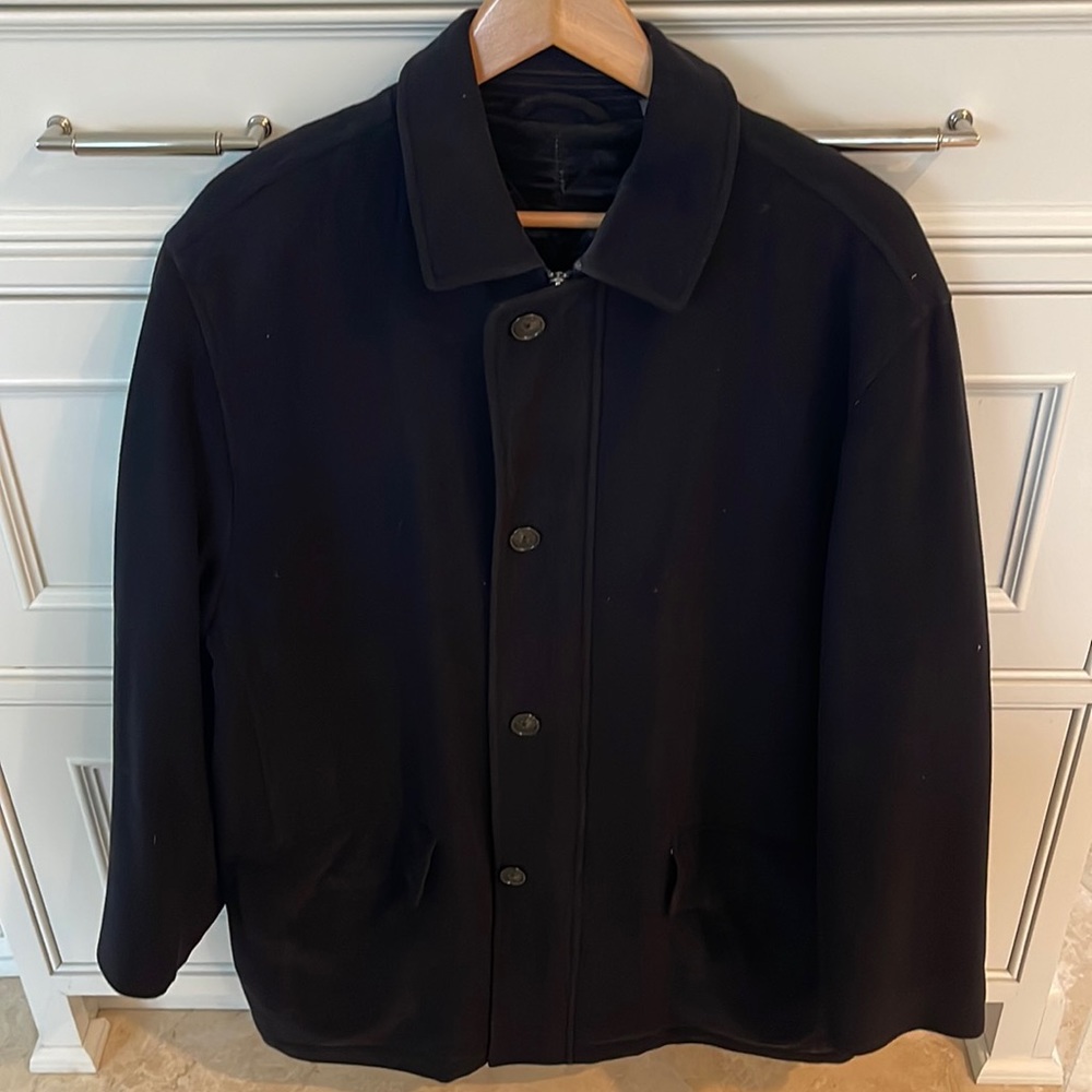 Talbots men zipper wool/ cashmere 3/4 black coat ; pretty good condition. Med
